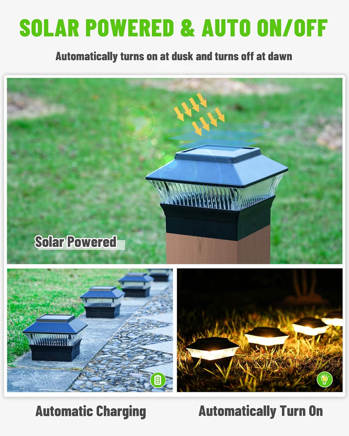MOON-DE-AGE Fence Post Lights, 25 Lumens Deck Post Cap Light Solar Powered Outdoor Lighting, Fits for 4x4 or Larger Wooden Posts with 4x6 Base