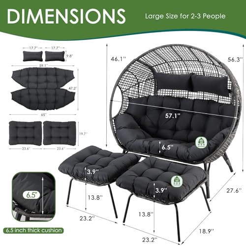 NICESOUL Stationary Egg Chair Indoor Outdoor Wicker Oversized Thick Cushions Egg Shaped Loveseat Chair