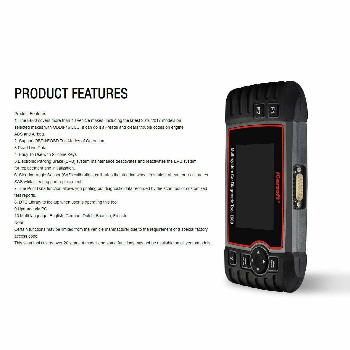 Icarsoft E660 ABS+SRS+SAS+EPB+OBD II Diagnostic Tool