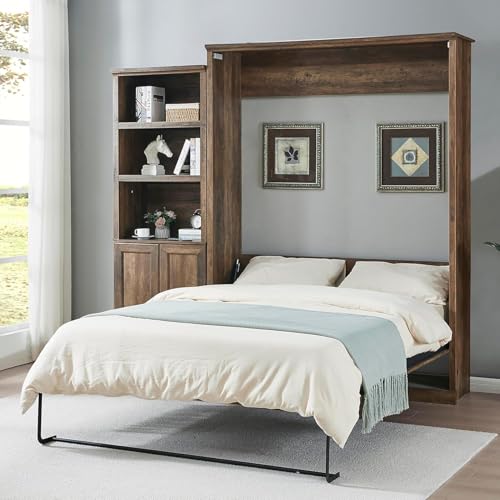 MERITLINE Queen Size Murphy Bed with Storage Bookcase Shelves,Cabinet and Charging Station,Wood Folding White Murphy Wall Bed