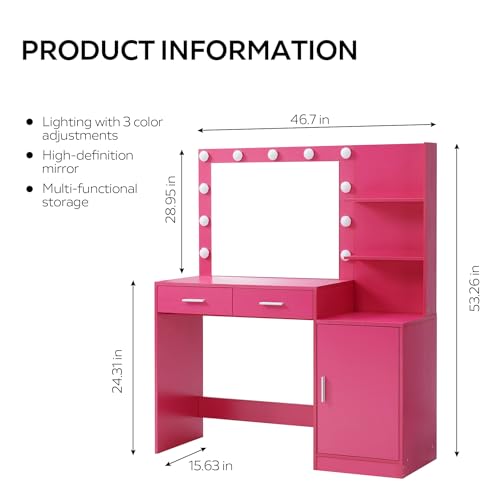 Vanity Desk with Mirror and LED Light Strip,Dressing Table with Large Drawer, 3 Level Storage Dresser & 3 Lighting Modes Adjustable Brightness