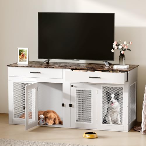 71 Inch Dog Crate Furniture for 2 Dogs, XXL Double Cage with Removable Divider & Large Doors, Heavy Duty Wooden Dog Kennel, Indoor Pet House (Black