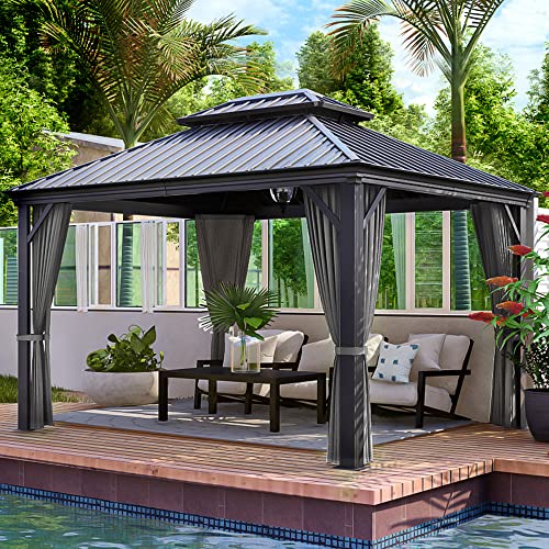 HAPPATIO 10' x 12' Hardtop Gazebo with Netting and Curtains, Double Roof Permanent Patio Metal Gazebo Canopy for Patio, Deck, Backyard （Gray）