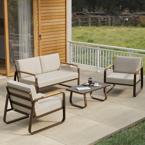 EAST OAK Courtyard Patio Furniture Set, 4-Piece Outdoor Patio Set with Sofa, Removable & Washable Deep Seating Cushion, Tempered Glass Table