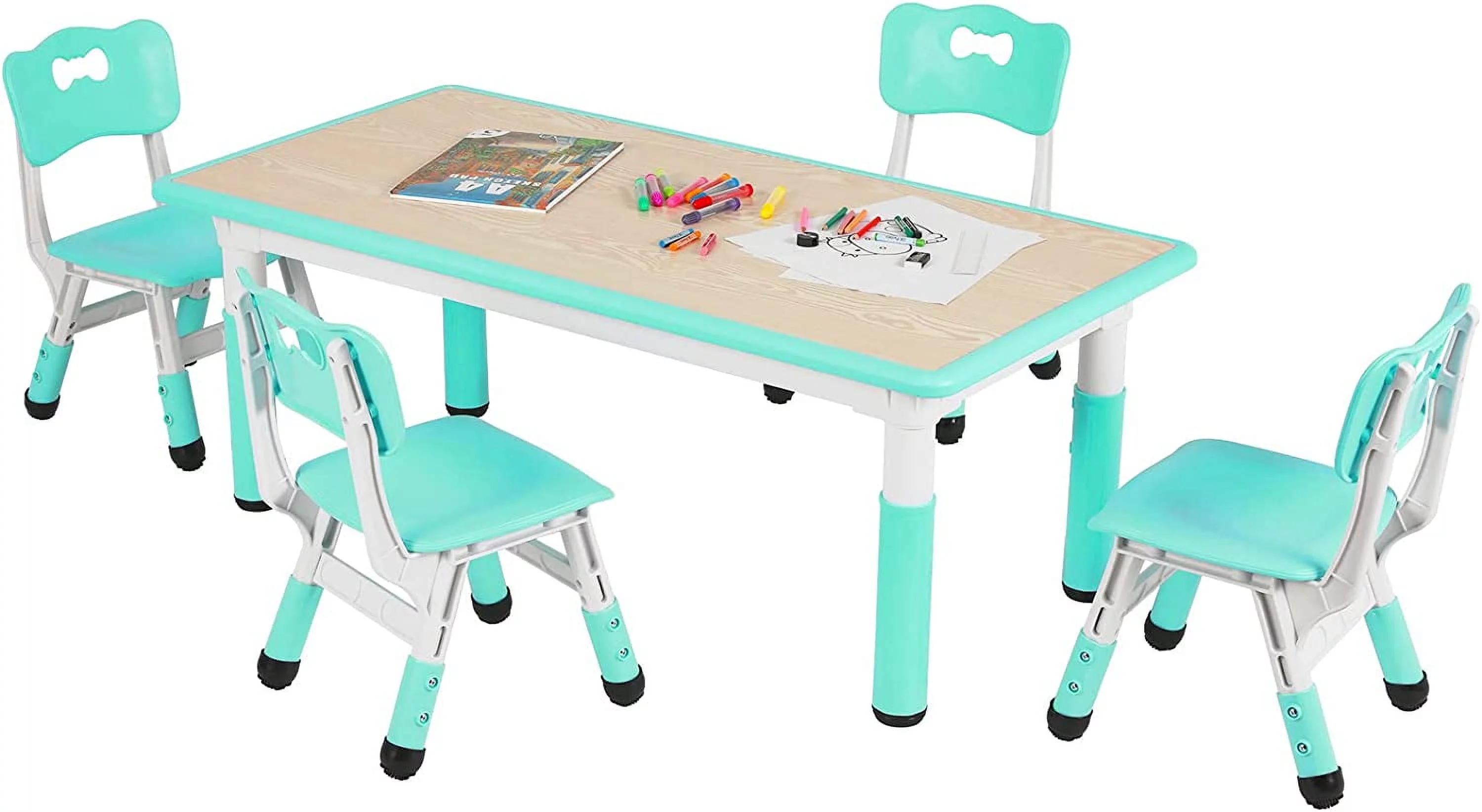 Arlopu Adjustable Kids Table and Chairs Set, 5 Pieces Toddler Play Arts & Crafts Desk Activity Table with 4 Chairs
