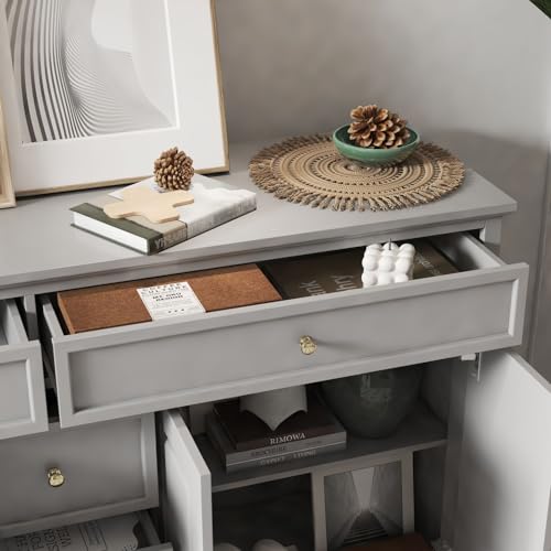 FAMAPY Sideboard Credenza with 5 Drawers, Sideboard Buffet Cabinet with 4 Doors, White Buffet Cabinet with Gold Knobs, Home Bar Cabinet