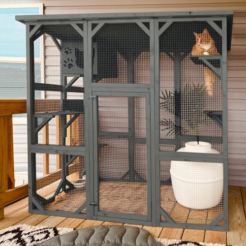 Grepatio Cat Enclosure Large Outdoor Catio Wooden Cat House with Weatherproof, Cat Cage Condo Indoor Playpen with Platform and Small House (Grey)