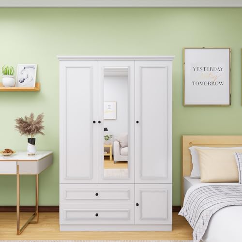 Wooden Armoire Wardrobe Closet White with 4 Doors, 2 Hanging Rods, 4 Drawers, Clothes Cabinet and Mirror Large Storage Capacity for Bedroom Armoire