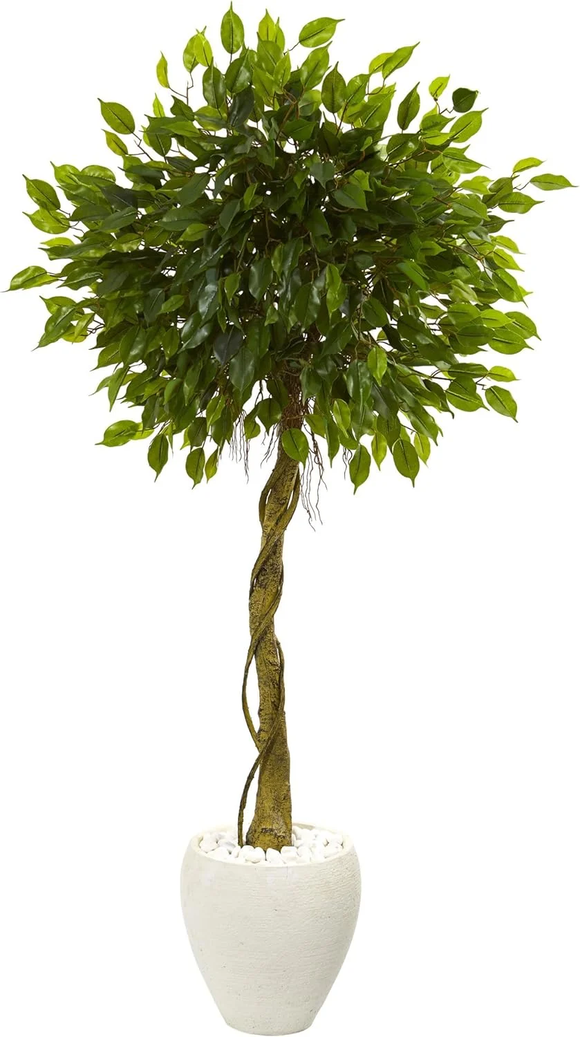 YANRUI 5.5ft. Ficus Artificial Tree in White Oval Planter UV Resistant (Indoor/Outdoor) - Curated Treasures Market