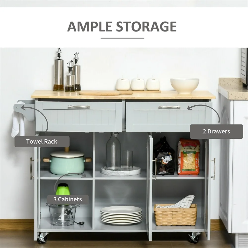 DEELIGHT Mobile Wood Kitchen Island with Storage and Adjustable Shelves - N/A Grey