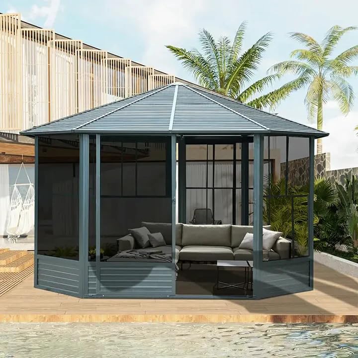Domi 10' x 10' Hardtop Gazebo Outdoor Metal Gazebo with Galvanized Steel Double Roof Canopy, Curtains and Netting for Patio, Backyard, Deck