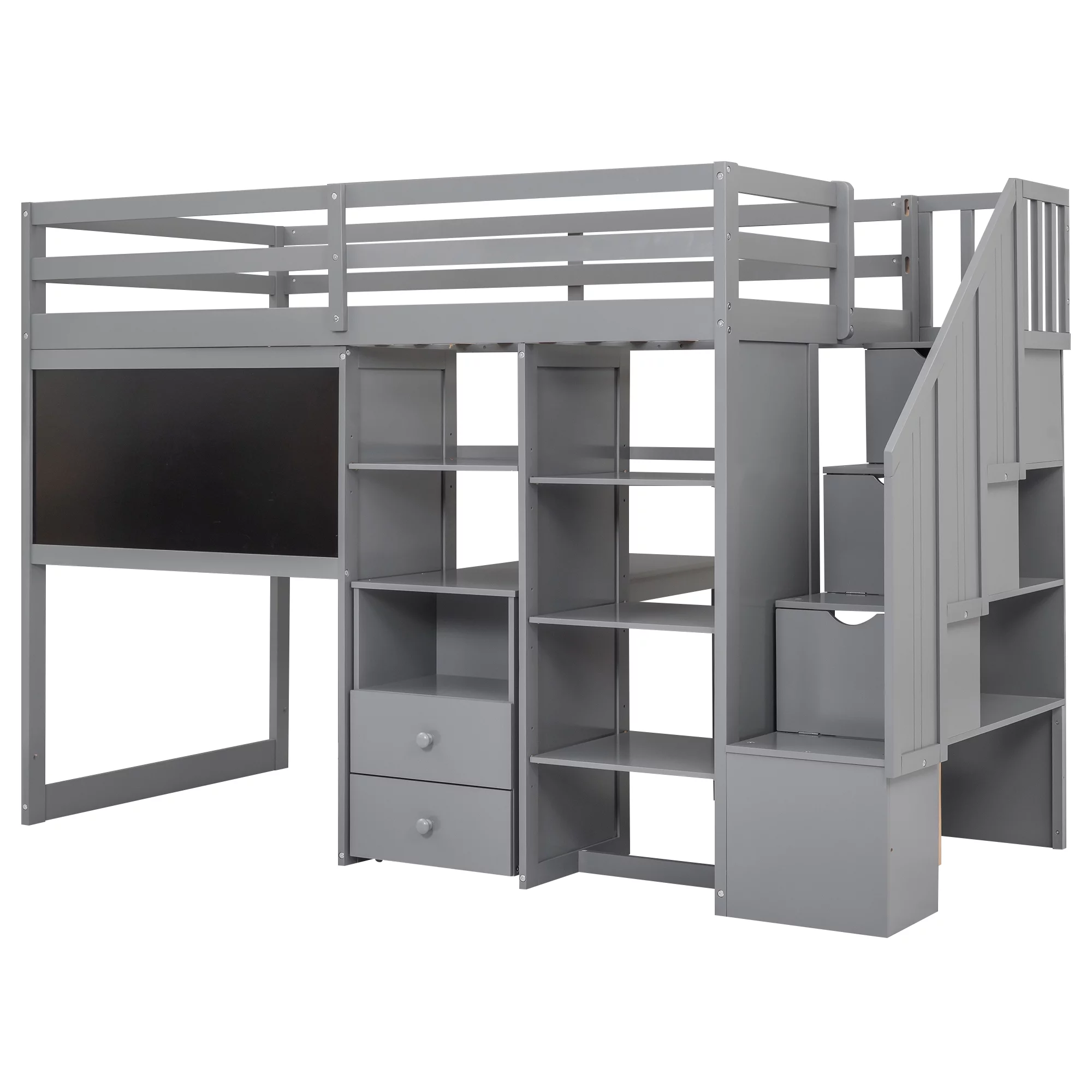 Churanty Twin Size Loft Bed with Pullable Desk and Storage, Wood Loft Bed with Staircase and Blackboard for Kids Teens Adults,Grey