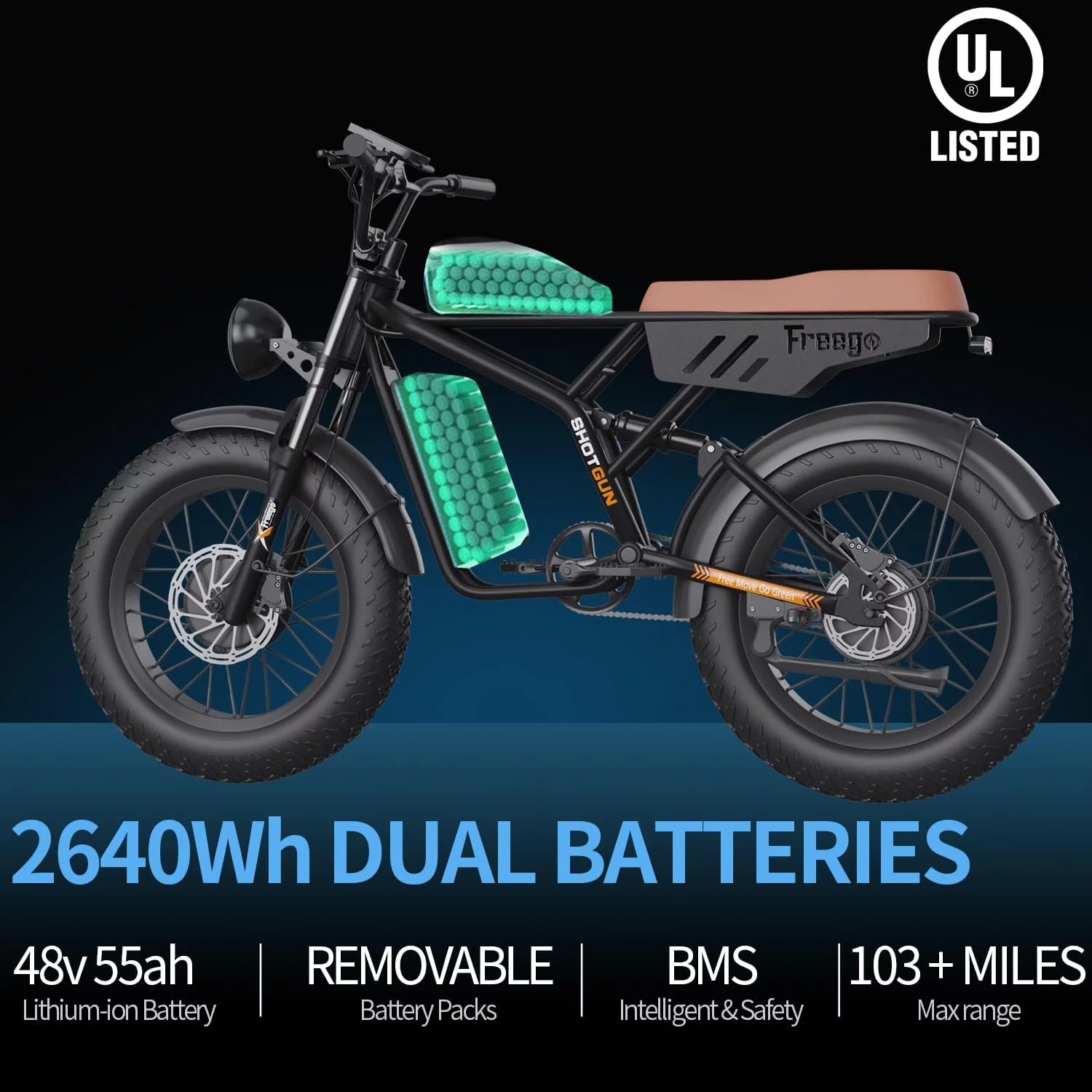 Freego Electric Bike for Adults, Dual Motor & Dual Battery, 2000W/48V/40Ah/55Ah, 20"x4.0" Fat Tires Off Road Electric Bicycle with Removable Battery