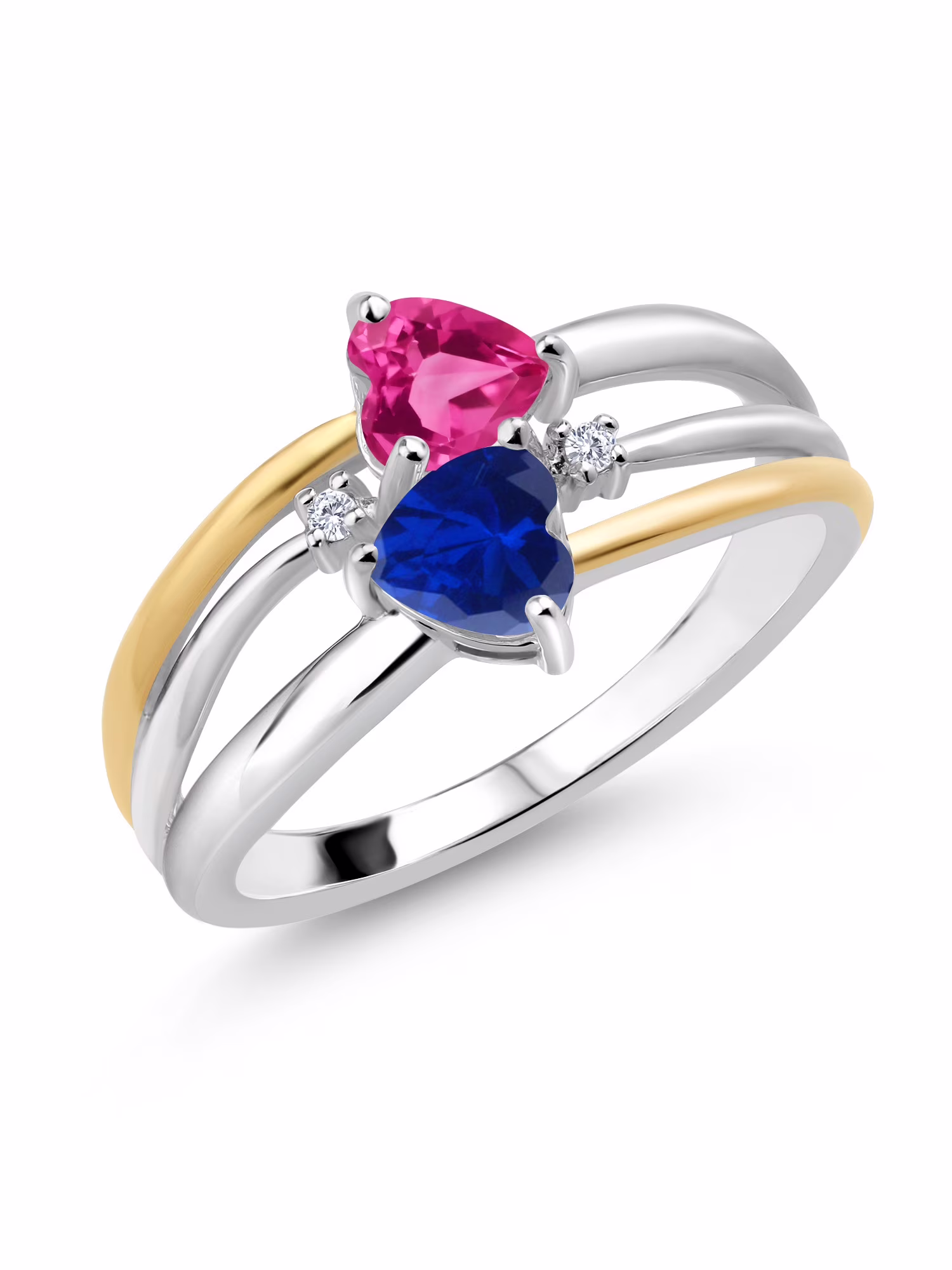 925 Silver and 10K Yellow Gold Pink Created Sapphire and Blue Created Sapphire and White Lab Grown Diamond Band Ring For Women (1.12 Cttw