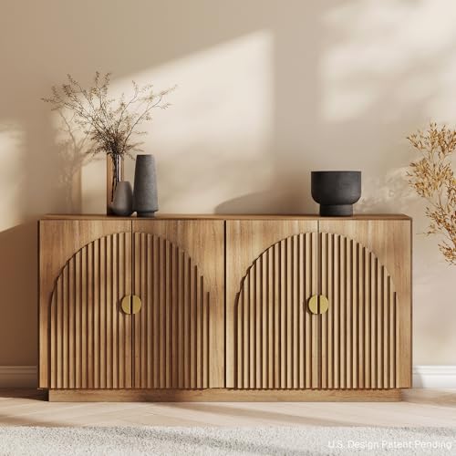 BELLEZE 65 Inch Fluted Buffet Cabinet with Storage, Symmetrical Arc Accent Sideboard Large Console Table for Dining Room, Kitchen