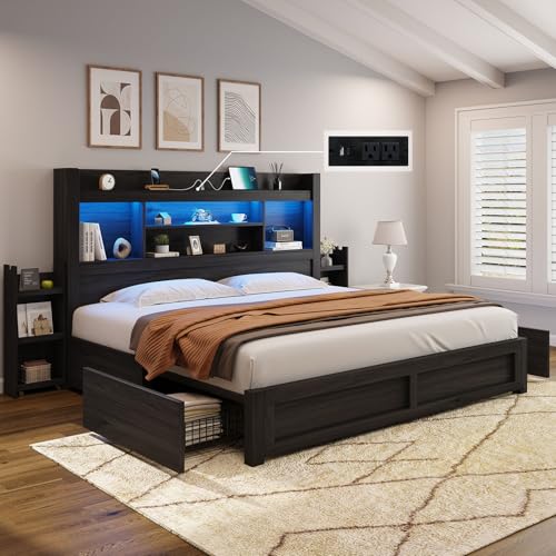AMERLIFE Queen Bed Frame with 4 Storage Drawers, LED Platform Bed with 49" Bookcase Headboard