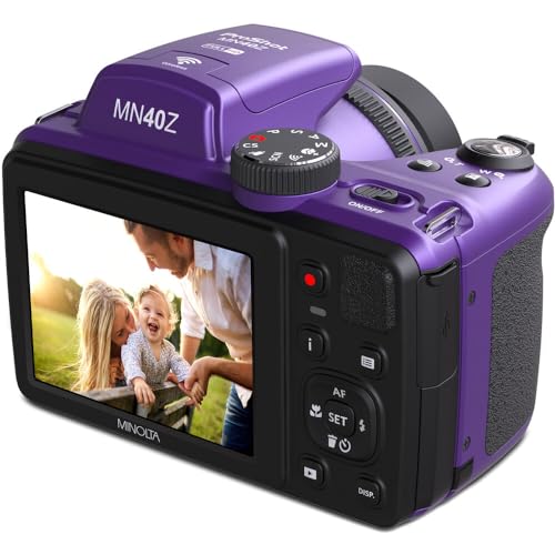 MINOLTA MN40Z 20 Mega Pixels 40x Optical Zoom Digital Camera with 1080p FHD Video (Purple) Bundle with 64GB Memory Card + Vlog Tripod + 4xAA Battery