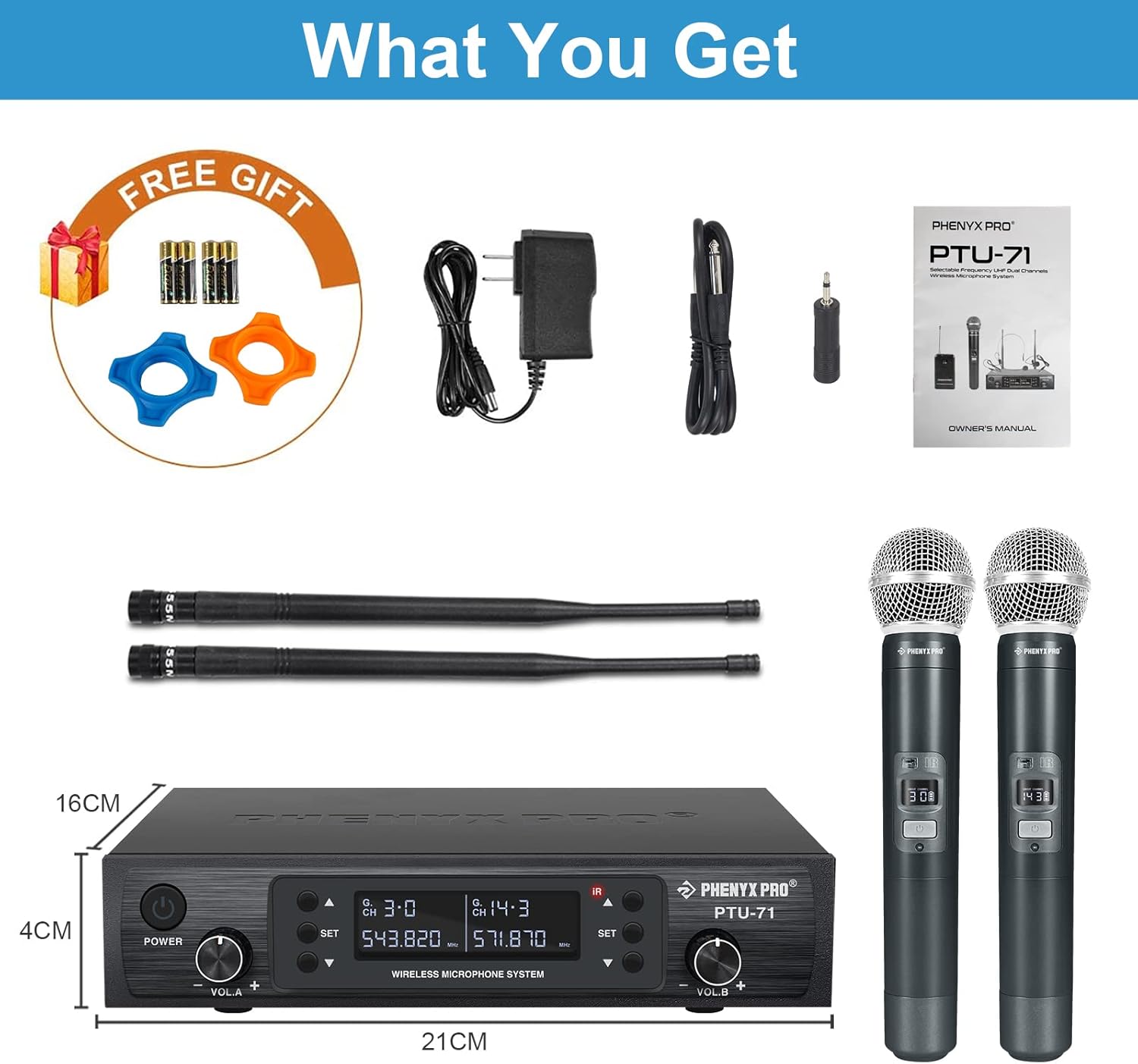 Wireless Microphone System, Phenyx Pro Dual Handheld Cordless Mic Set, 2x100 Channels, Auto Scan, Lock Function, Mute Function, 290-328ft Coverage