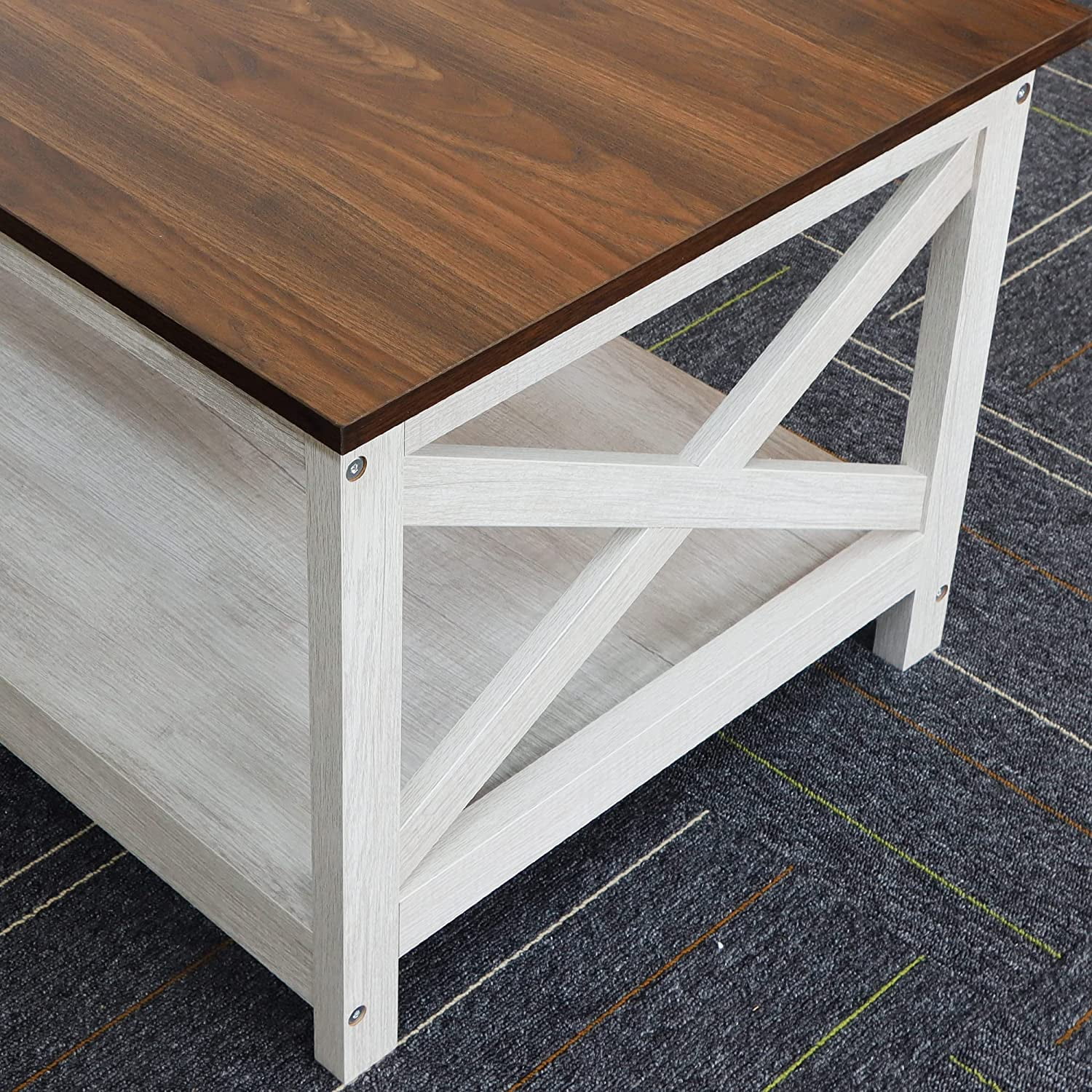 Coffee Table, Modern Farmhouse Wood Coffee Table with 2-Tier Storage, 40 Inch, Vintage White/Espresso