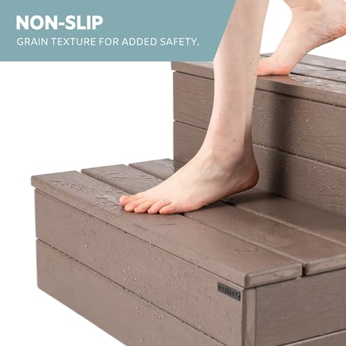 Hot Tub Steps - Wood-Looking Plastic, 100% Waterproof, Gray Non-Slip, Heavy Duty Outdoor Spa Stairs - Multi-Use for Porch, Fits Any Size