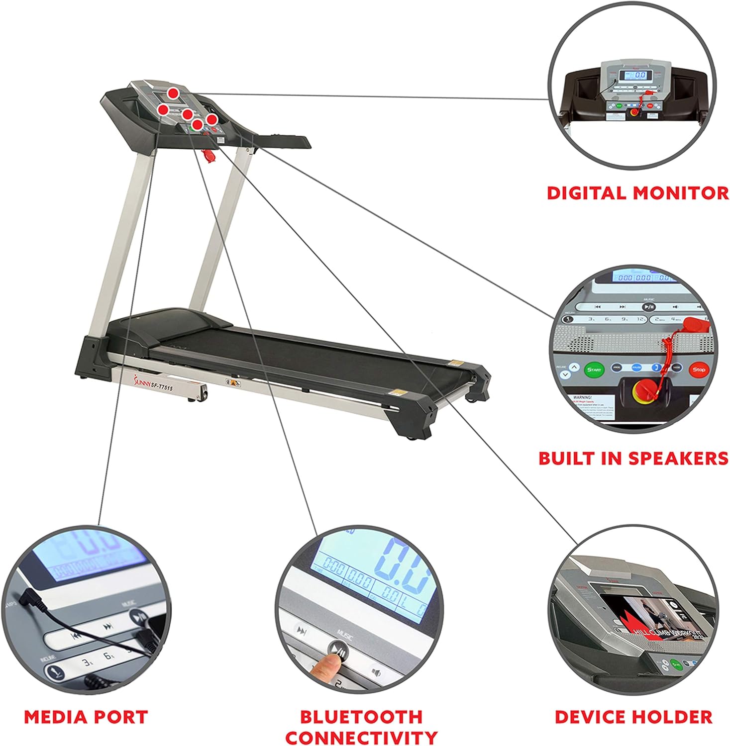 Sunny Health & Fitness SF-T7515 Smart Treadmill with Auto Incline, Speakers, Bluetooth, LCD and Pulse Monitor, Phone Function, 240 LB Max Weight
