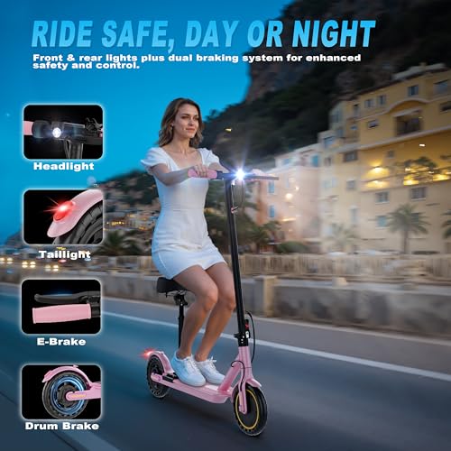 Electric Scooter for Adults with Seat, Folding Commuter E Scooter with 350W Motor, 19MPH Speed, 21 Miles Long Range, Dual Brakes, App Control