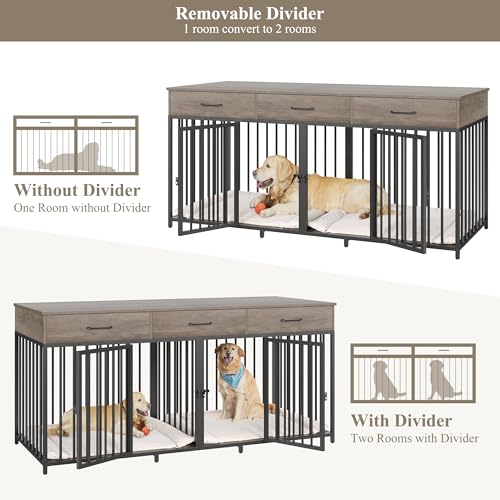 HOSTACK Double Dog Crates Furniture, 71" Wide Indoor Dog Kennel with 3 Drawers, Farmhouse Dog Cage for 2 Large/Medium Dogs