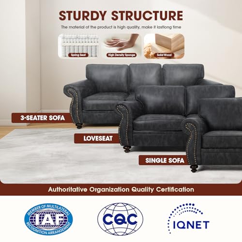 Mid-Century Vintage Sofa Couches with Rivet Design,3-Seater Sofa,Removable Sofa Cover Upholstered Cushions and Solid Wood Frame (Brown, 3-Seater)