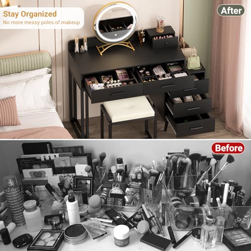 White Vanity Desk with Mirror and Lights, Modern Makeup Vanity Table Set with 6 Storage Drawers and Cushioned Stool for Bedroom