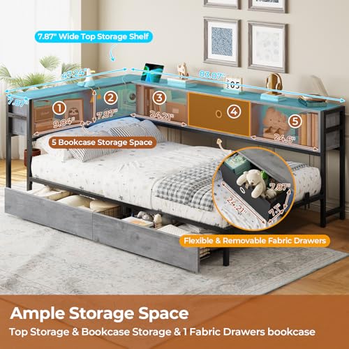 DICTAC Corner Full Bed Frame with Bookcase Storage and Led Lights Full Size Metal Platform Bed Frame with Storage Drawers & Charging Station Full