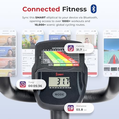 Sunny Health & Fitness Smart Upright Elliptical w/Pulse Sensor Built-in, Indoor Full-Body Cross-Training & Cardio Exercise Machine for Home