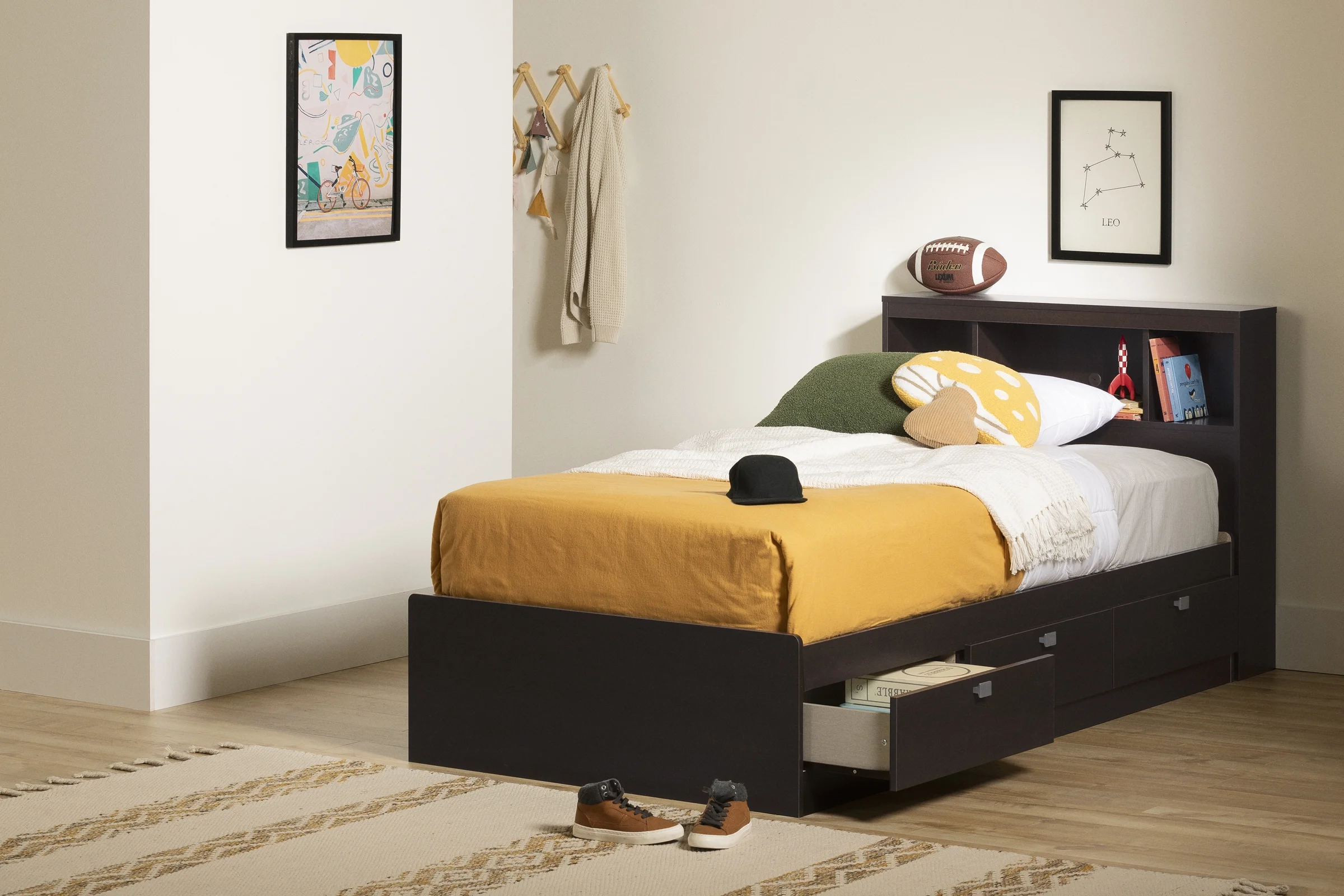 South Shore Spark 3-Drawer Storage Bed, Twin, Chocolate, with Bookcase Headboard