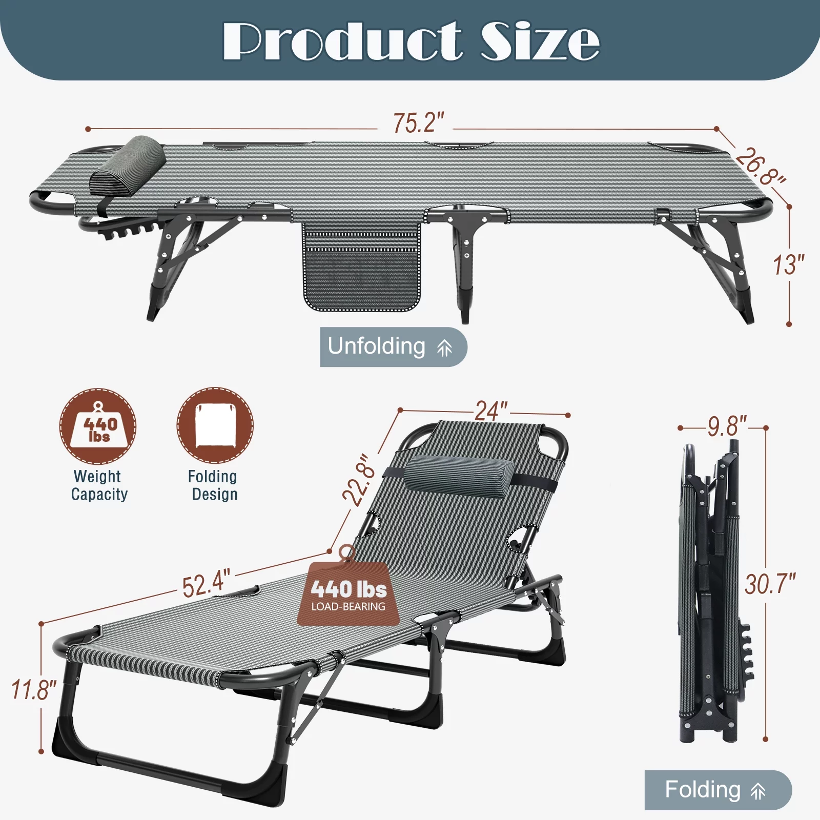 Lilypelle Camping Cot, Adjustable 4-Position Adults Reclining folding Chaise with Pillow, Outdoor portable Lounge Chair Sleeping Cots Bed