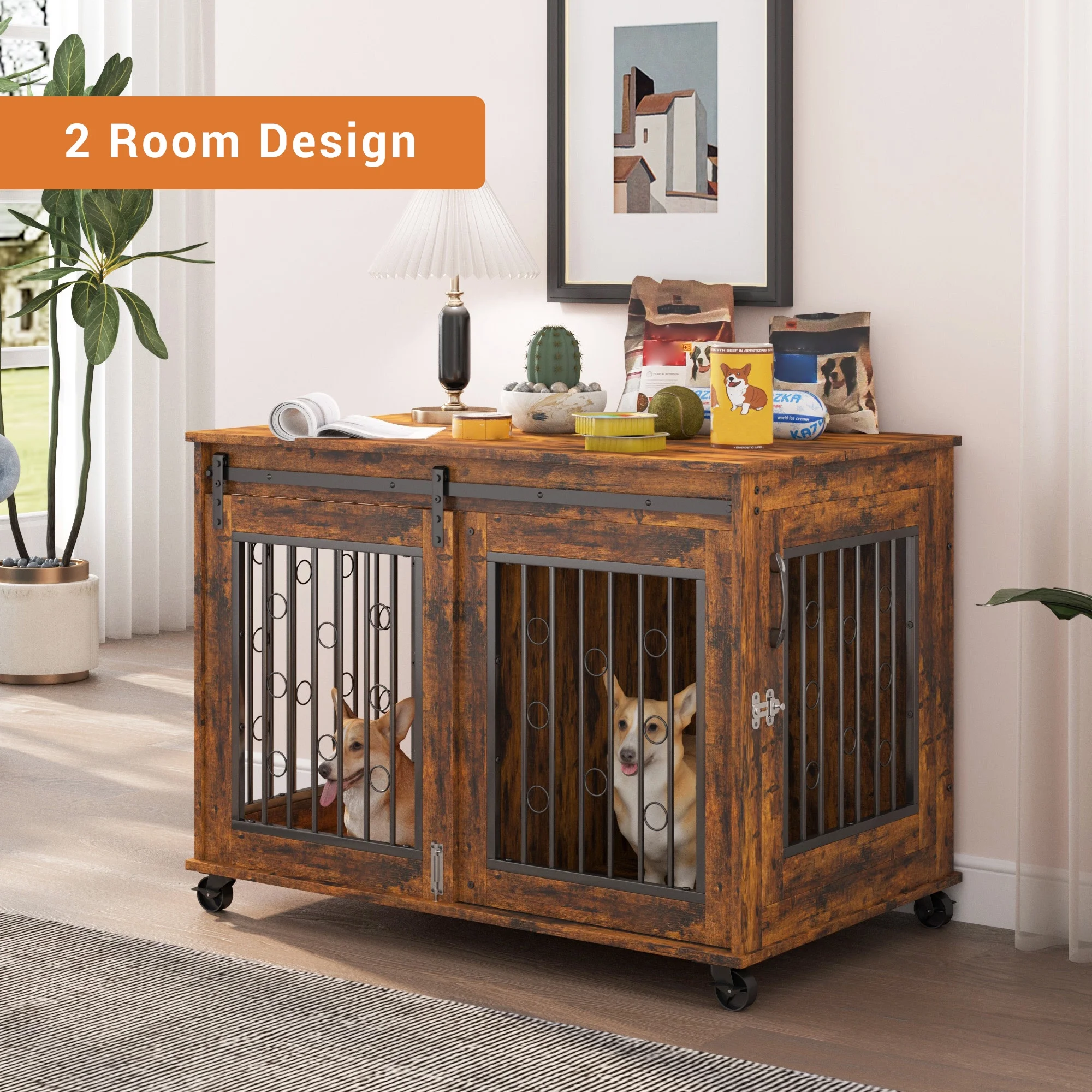 Ostreici 39" Anti-Bite Furniture Style Dog Crate Sliding Barn Door, Dog Kennel End Table w/ Wheels