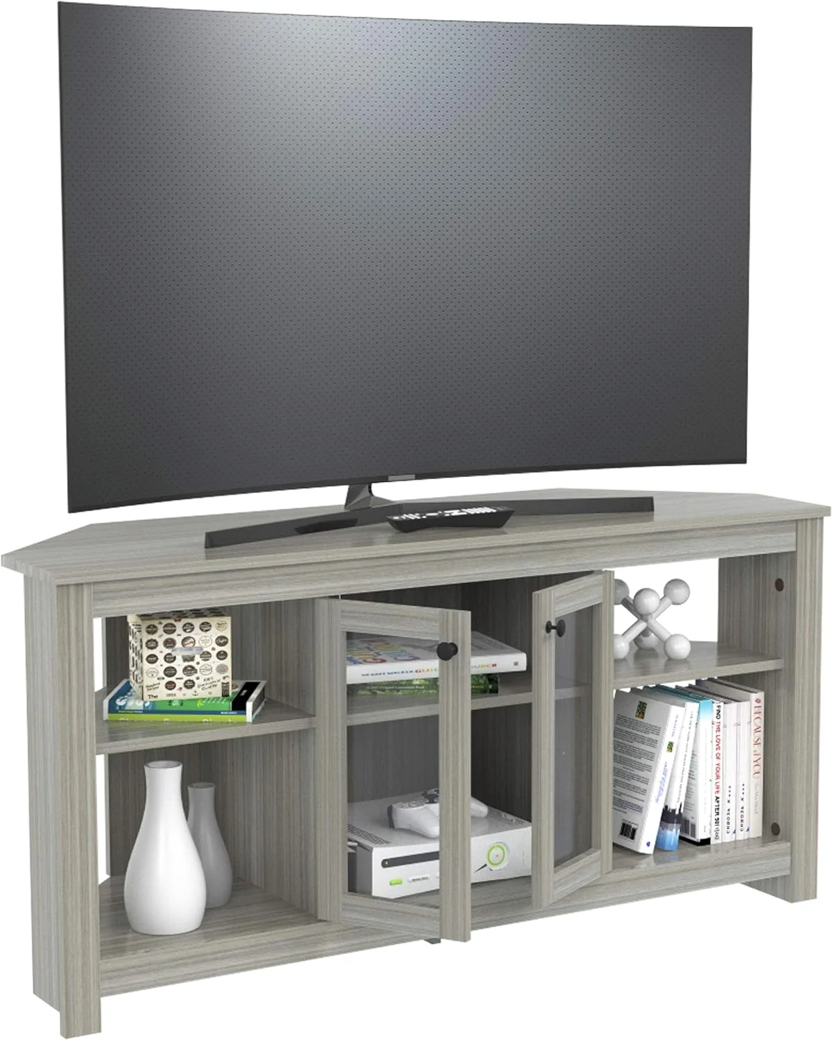 Corner TV Stand With Glass Doors, Oak
