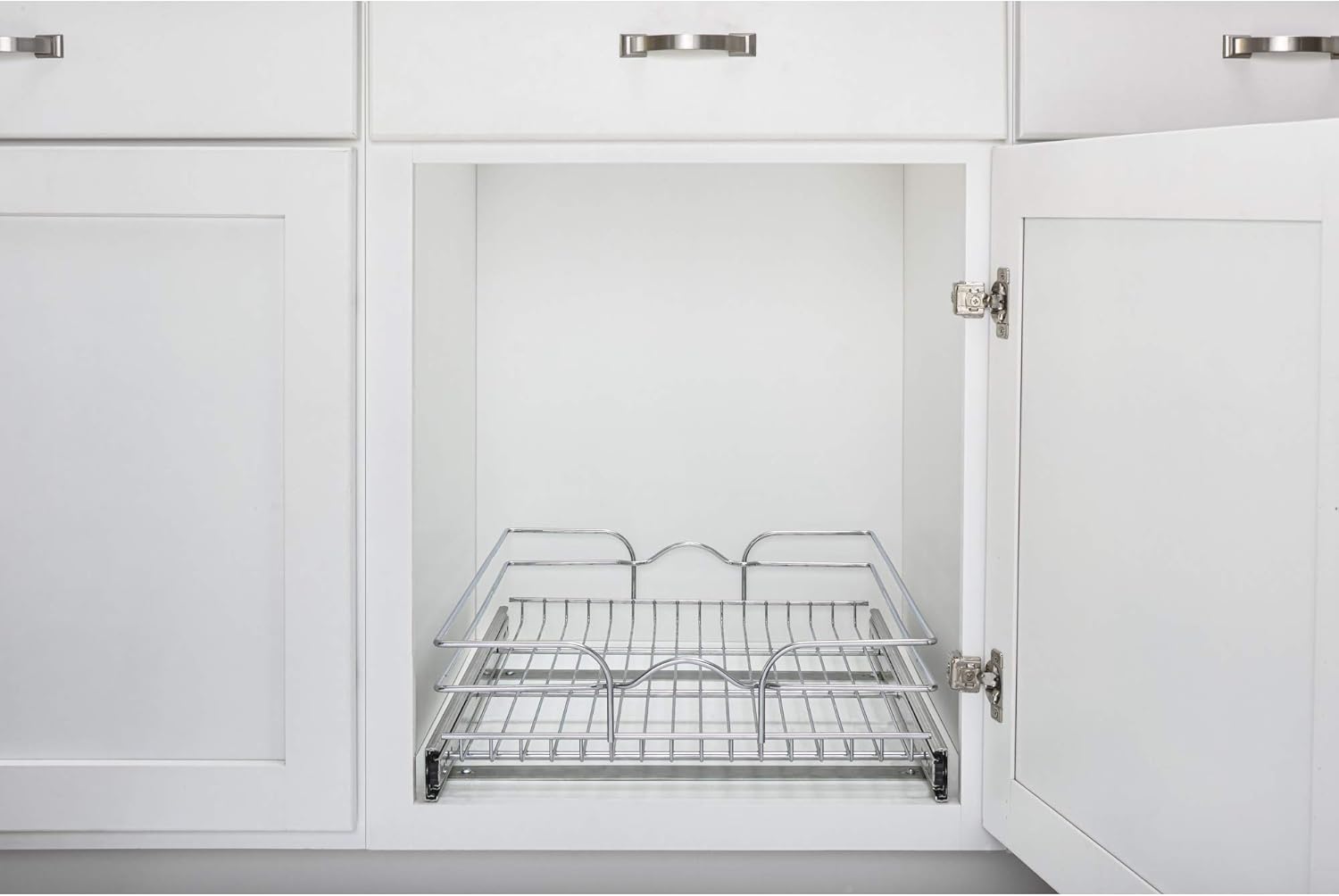 Rev-A-Shelf 5WB1-2122CR-1 21 Inch x 22 Inch Single Wire Basket Pull Out Shelf Storage Organizer for Kitchen Base Cabinets, Silver