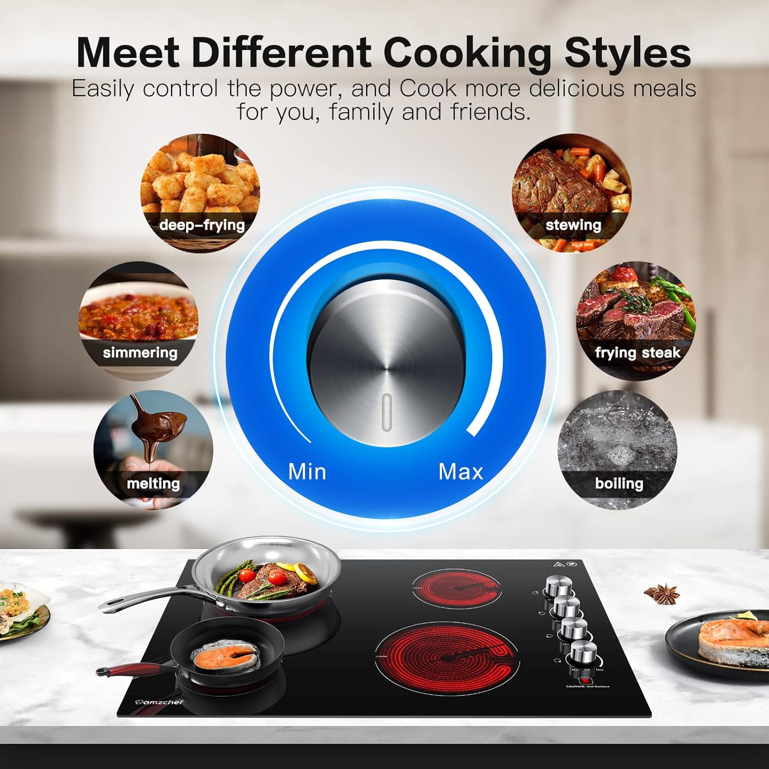 AMZCHEF Electric Cooktop 30 Built-in Electric Burner with 4 Burners, ETL Safety Certified, Power Control by Knob