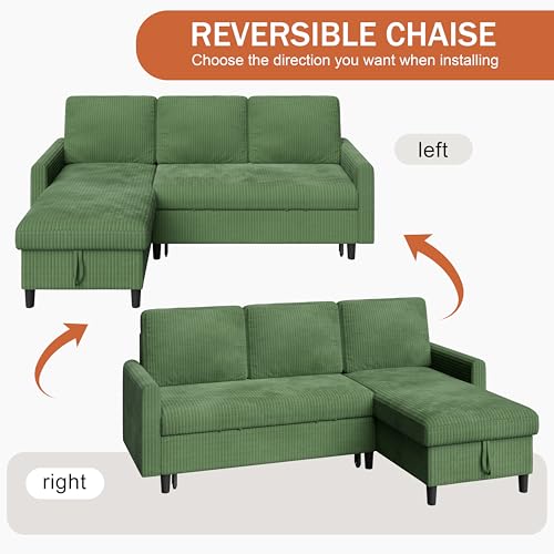 Vongrasig Convertible Sleeper Sofa, Pull Out Couch with Storage, 77" L-Shaped Sofa Bed with Storage Chaise Corduroy Fabric for Living Room, Apartment