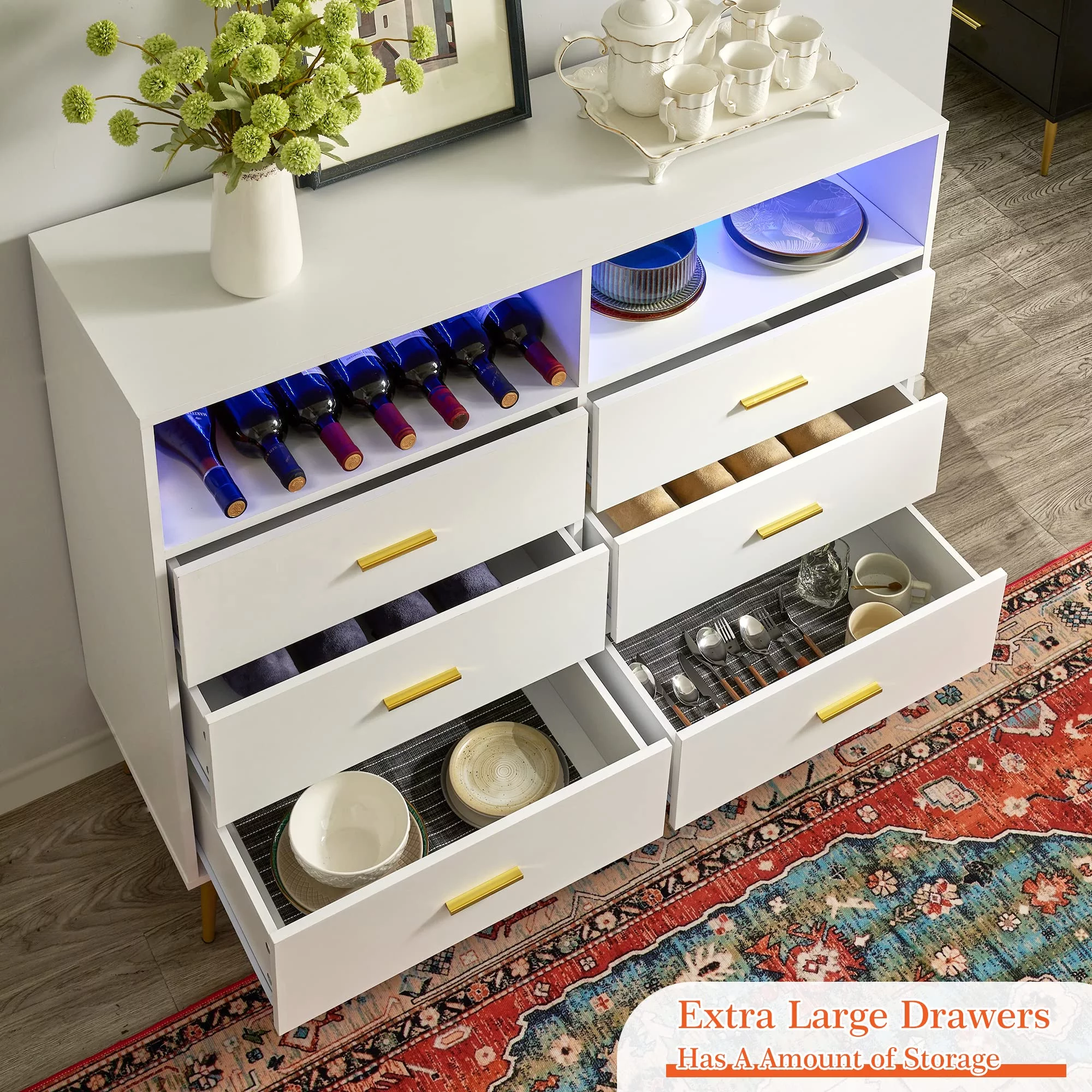EnHomee Dresser, White Dresser with 6 Deep Drawers, Drawer Dresser with LED Lights, TV Stand Dressers & Chests of Drawers Wood Dresser for Bedroom