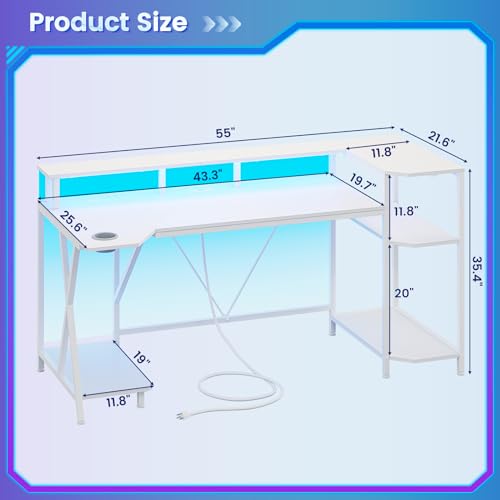 SEDETA Gaming Desk 70.8'' with LED Lights and Storage Shelves, Computer Desk with Monitor Stand, Power Outlets and Cup Holder, Large PC Gamer Desk