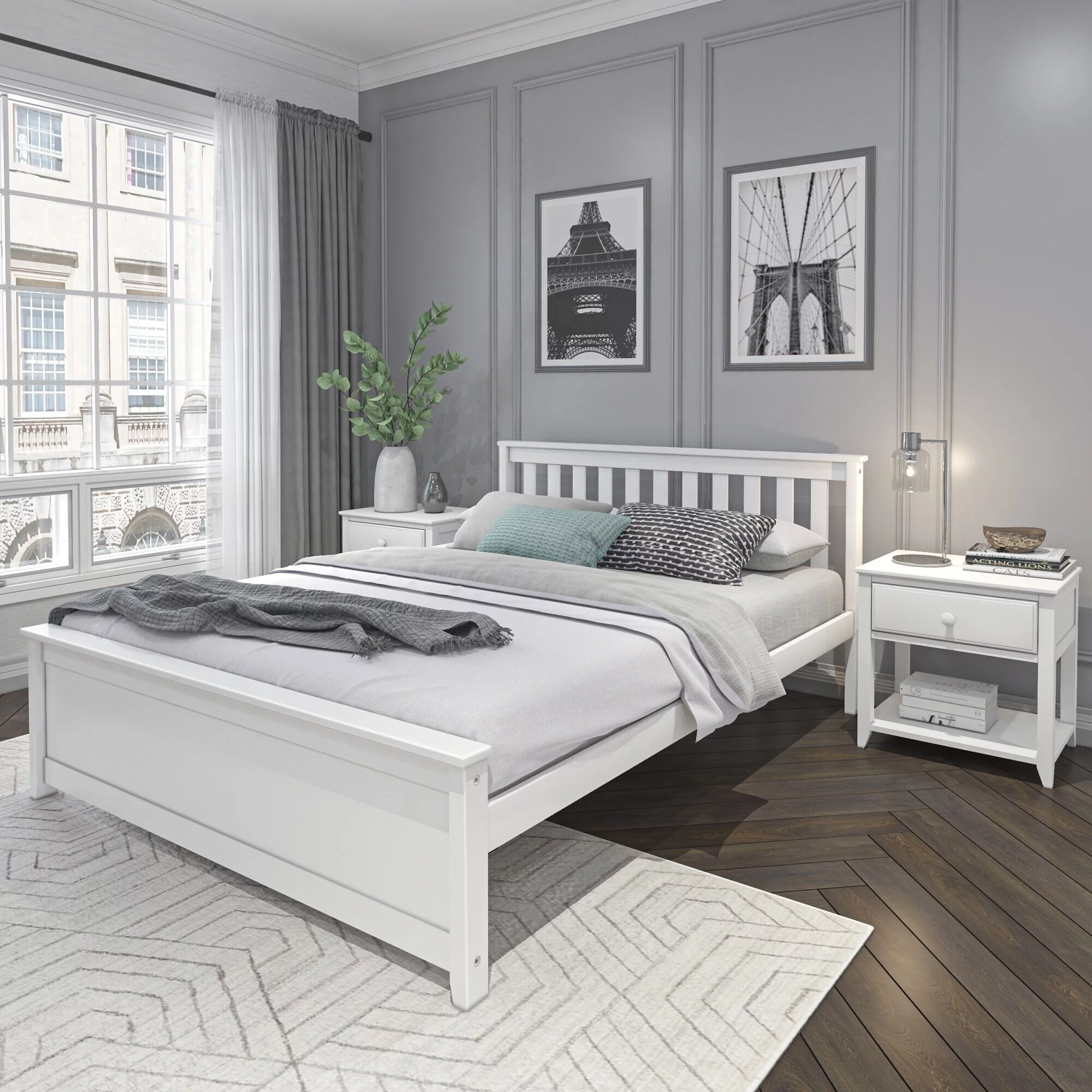 Plank+Beam Queen Bed Frame with Slatted Headboard, Classic Solid Wood Adults Platform Bed, Walnut