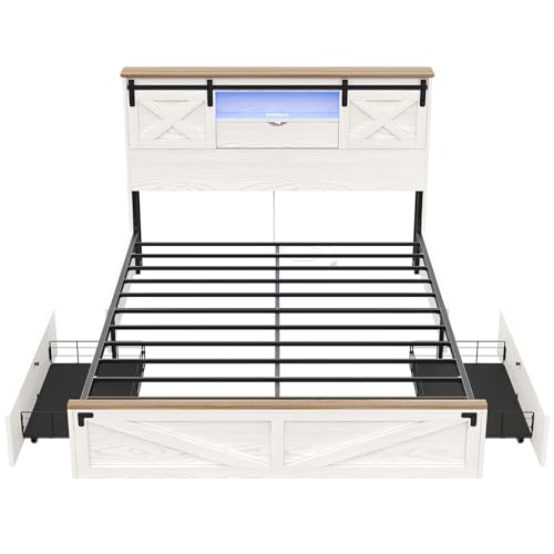 Hasuit Farmhouse Bed Frame California King Size with Storage Bookcase Headboard, Wooden Cal King Bed with LED Lights, Charging Station, 2 Drawers