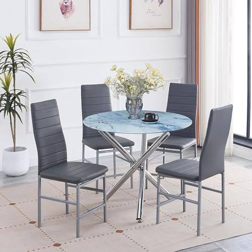 Round Glass Dining Table Set 5 Pieces Dining Table Chair Set for Home Kitchen Round Tripod Chrome Legs Table with 4 PU Chairs