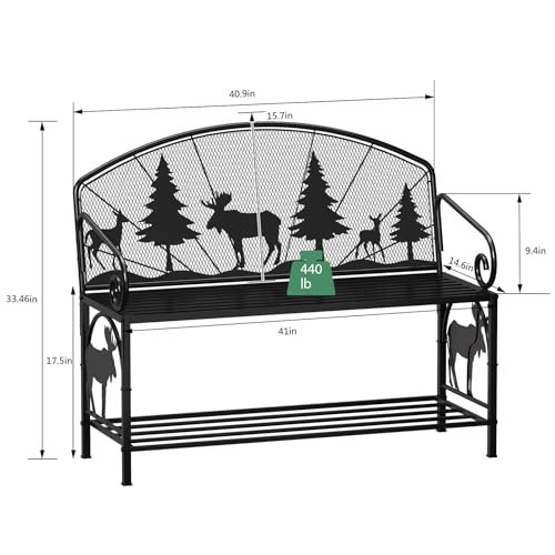 Outdoor Bench, Garden Bench with Backrest and Armrests, Patio Bench with Forest Series Pattern, Anti- Rust Thickened Metal Bench Outdoor for Garden