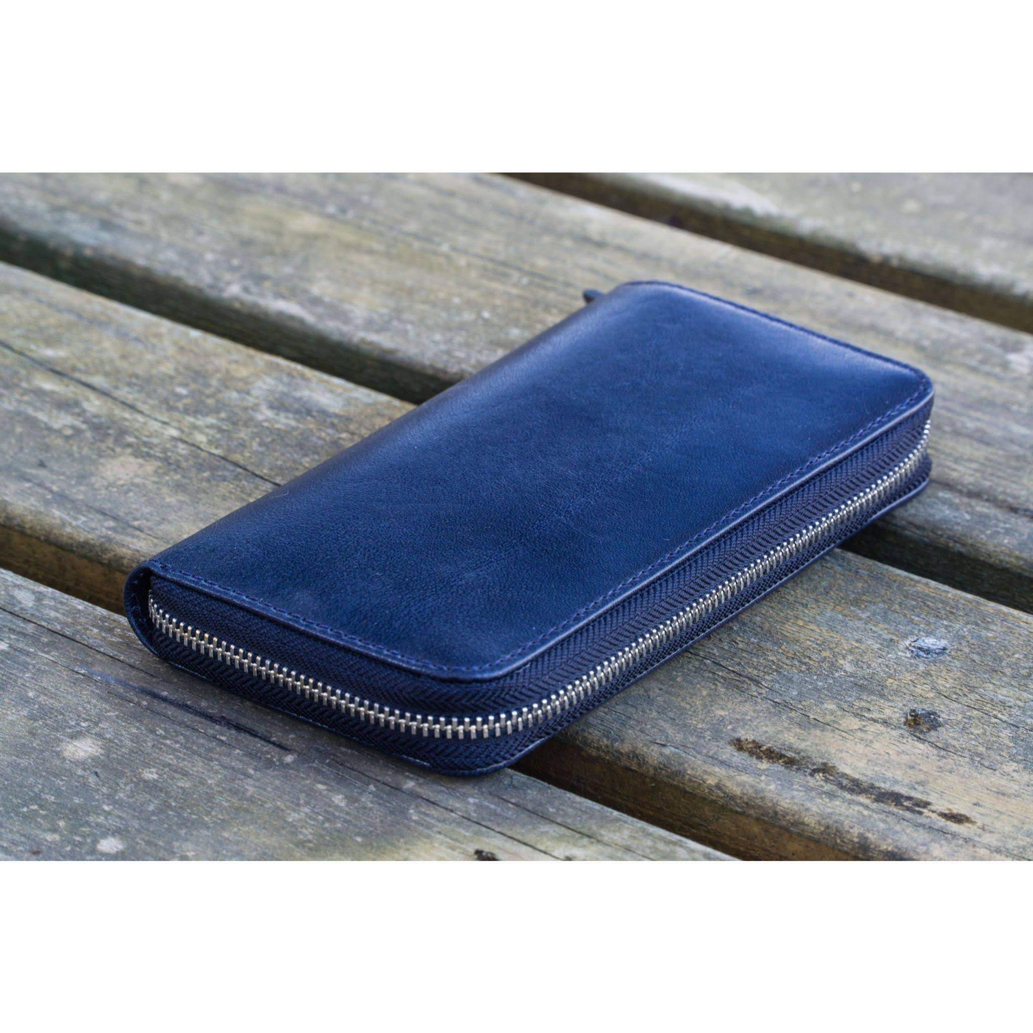 Galen Leather 3 Pen Zipper Case - Navy Blue