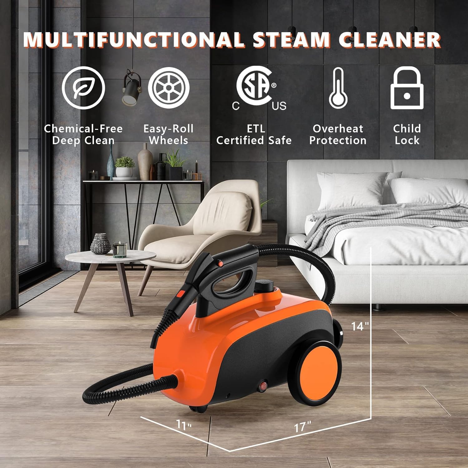 ARLIME Multi-Purpose Steam Cleaner with 19 Accessories, Household Rolling Steamer Cleaning Mop for Carpet, Cars