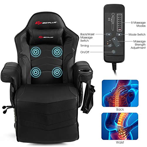 Goplus Massage Gaming Chair, Racing Style Gaming Recliner w/Adjustable Backrest and Footrest