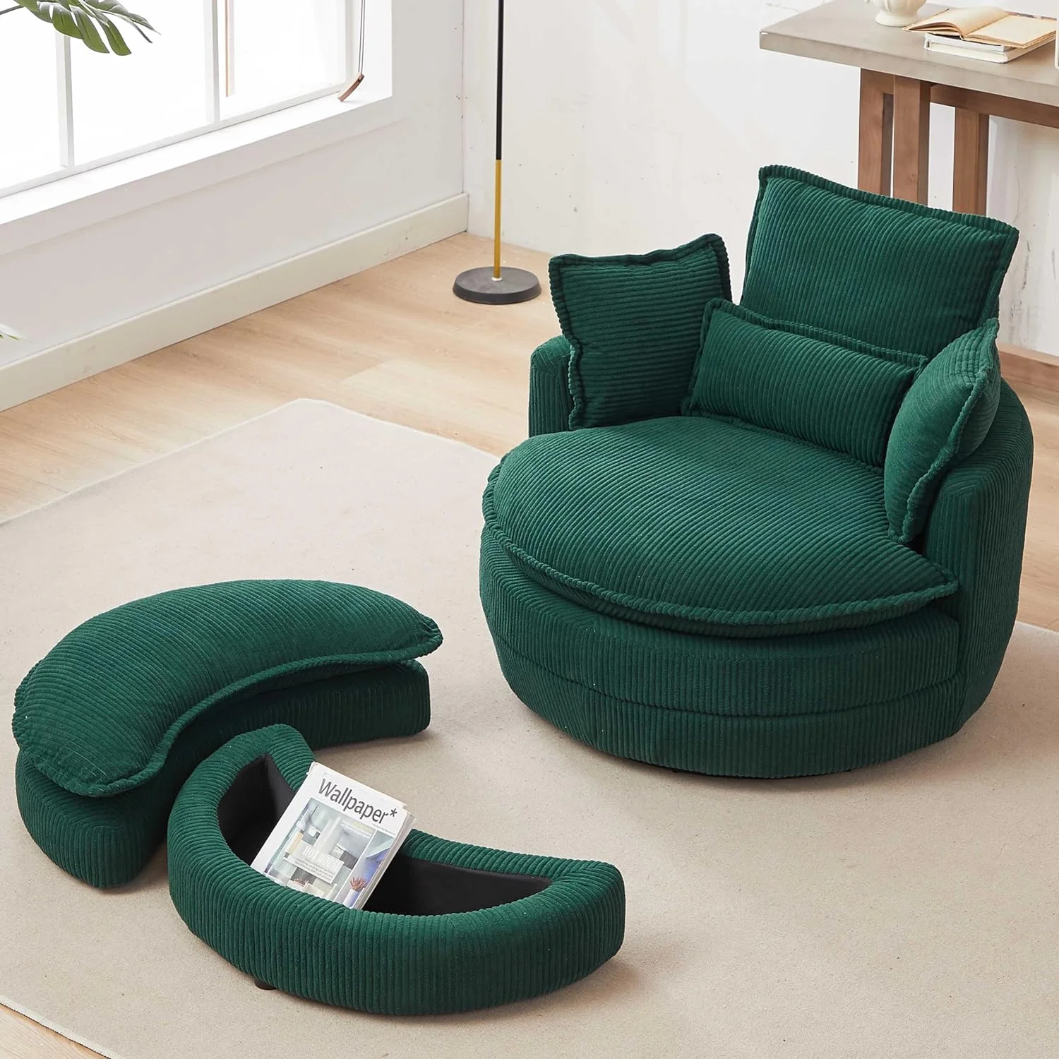 Tabaray Tufted Upholstered Swivel Accent Chair, Corduroy Fabric Single Barrel Chair with Ottoman, Comfy Cloud Chair for Living Room, Bed Room