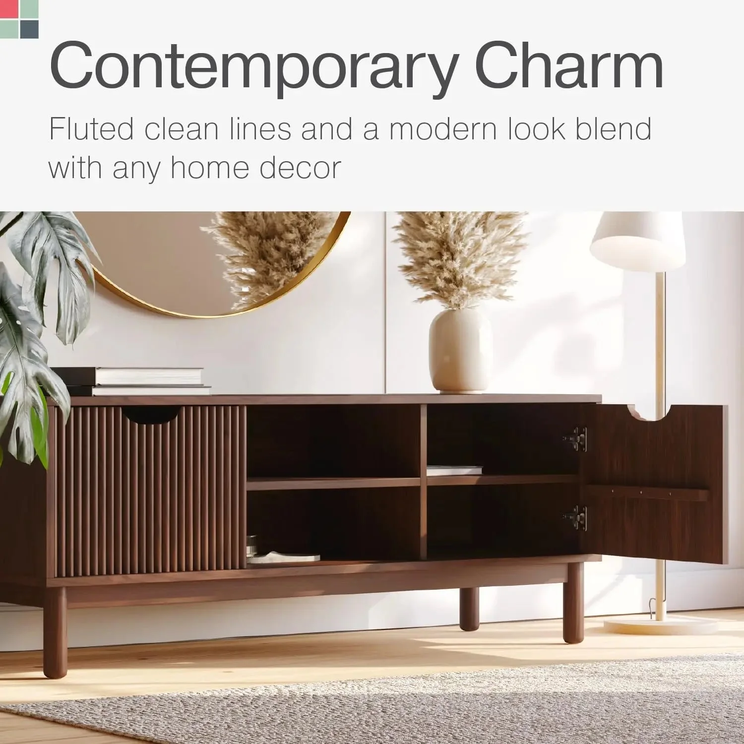 Low Profile Fluted TV Stand - Mid Century Media Console - Living Room Furniture - 48&rdquo; Entertainment Center with Shelves