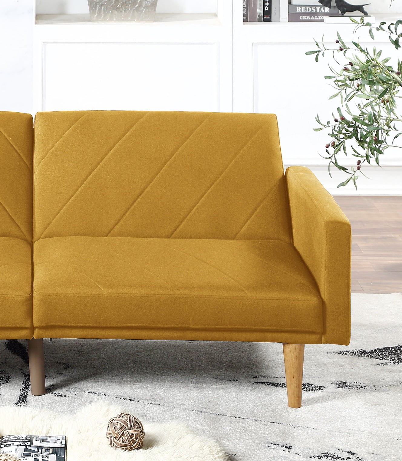 Modern Electric 1pc Convertible Sofa Couch Mustard Color Linen Like Fabric Cushion Clean Lines Wooden Legs Living Room